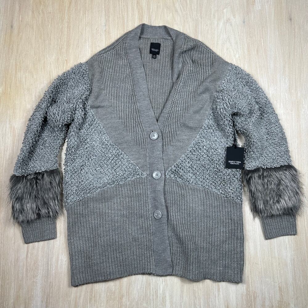 NWT Simply Vera Vera Wang Gray Faux Fur Trim Boucle Knit Button Cardigan L/XL